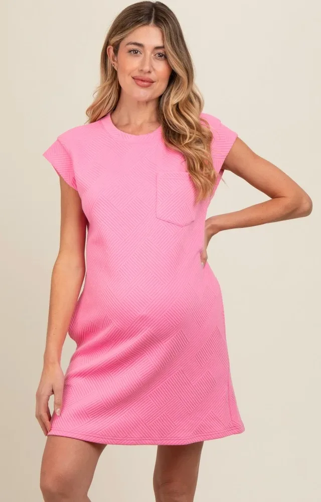 Pink Front Pocket Line Textured Short Sleeve Maternity Dress