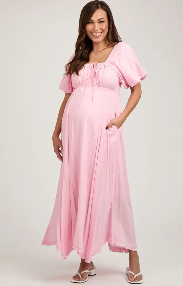 Pink Front Tie Puff Sleeve Maternity Maxi Dress