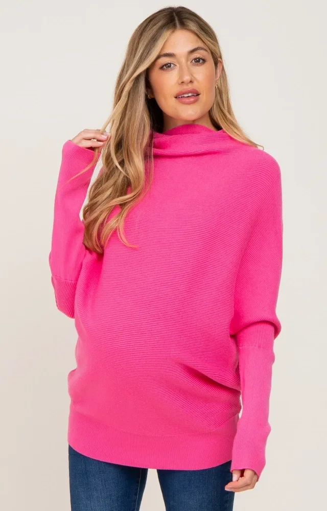 Pink Funnel Neck Dolman Sleeve Maternity Sweater