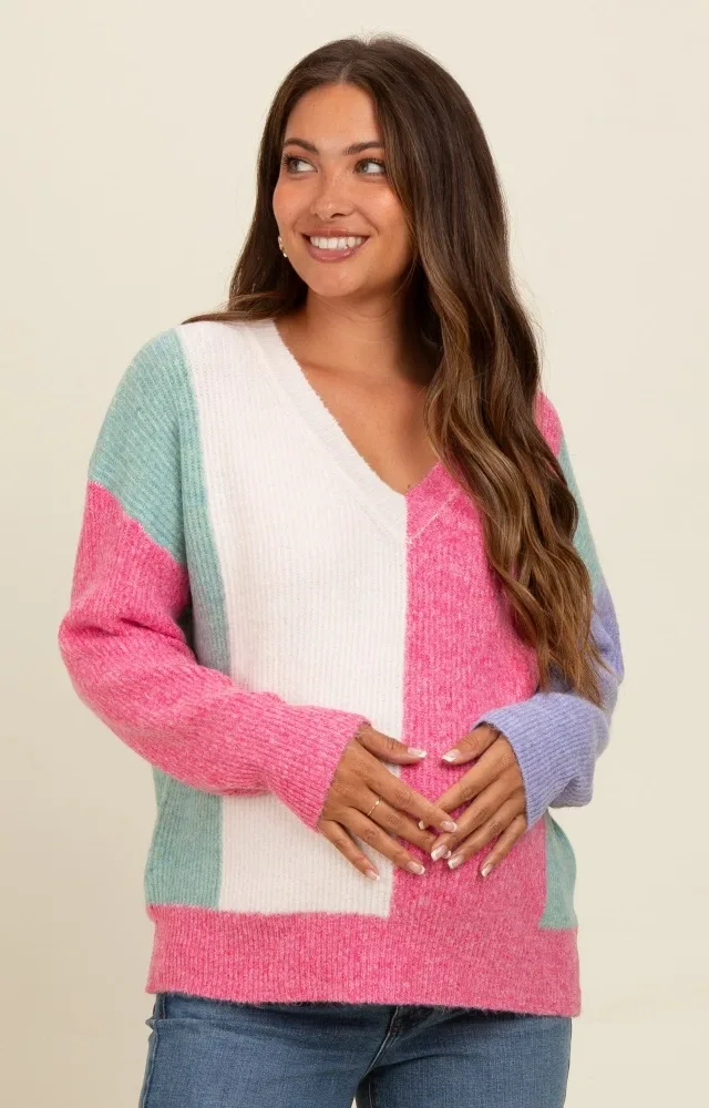 Pink Fuzzy Knit Colorblock Maternity Sweater