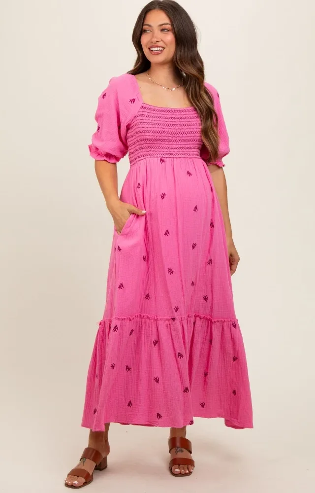 Pink Gauze Smocked Embroidered Square Neck Maternity Midi Dress