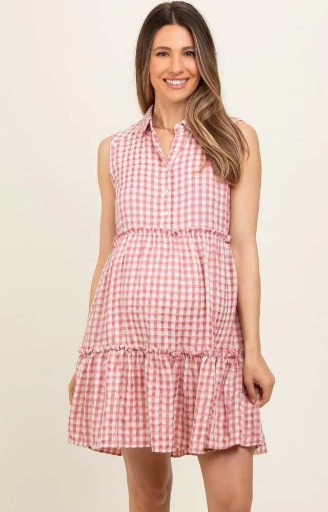 Pink Gingham Button Front Collared Maternity Dress