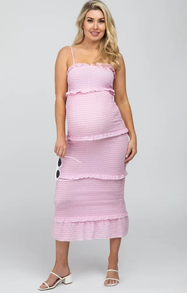 Pink Gingham Print Smocked Maternity Maxi Dress