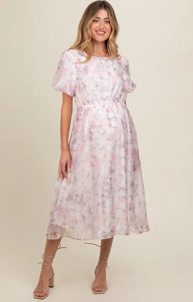 Pink Lavender Floral Puff Sleeve Maternity Dress