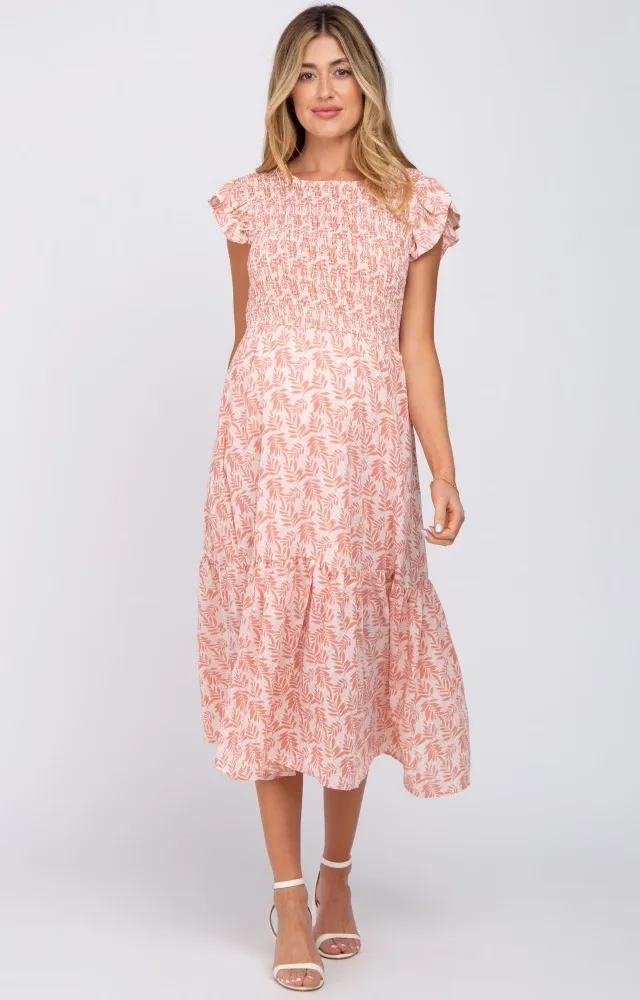 Pink Leaf Print Smocked Ruffle Sleeve Maternity Midi Dress