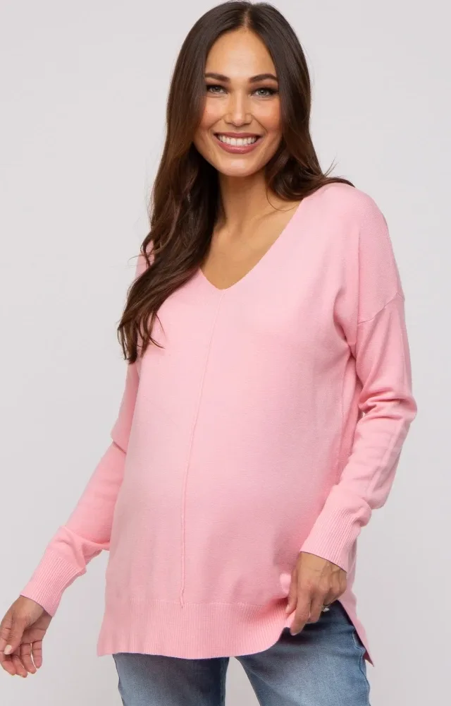 Pink Long Sleeve Side Slit Maternity Sweater