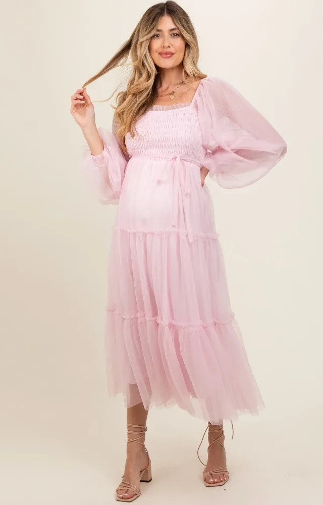 Pink Mesh Tiered Long Sleeve Maternity Maxi Dress