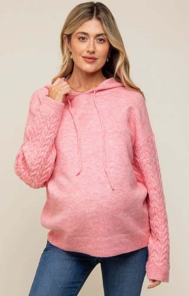 Pink Mixed Knit Maternity Hooded Sweater