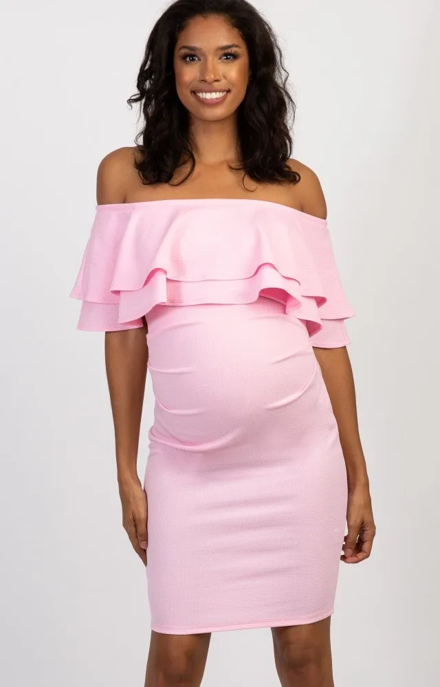 Pink Off Shoulder Fitted Maternity Dress