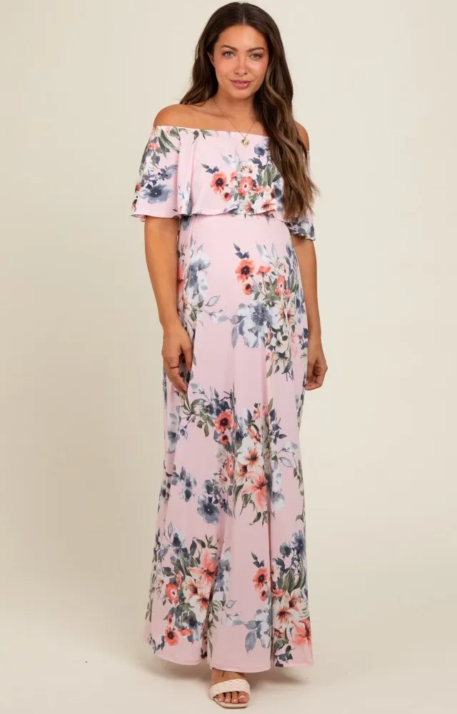 Pink Off Shoulder Floral Ruffle Maternity Maxi Dress