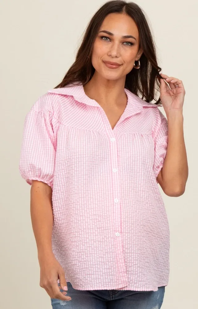 Pink Plaid Button Down Maternity Top