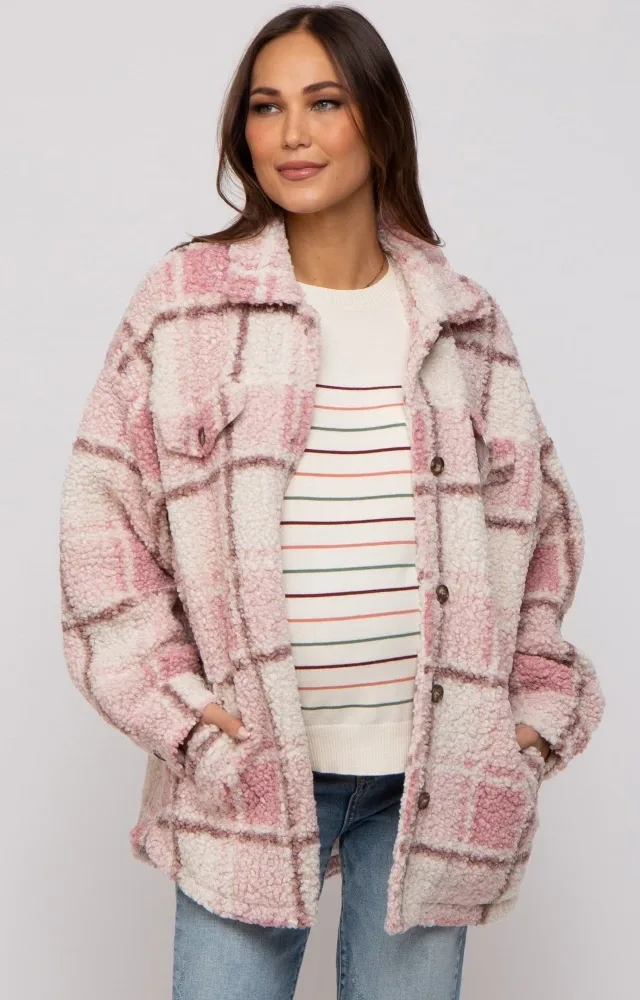 Pink Plaid Sherpa Maternity Jacket