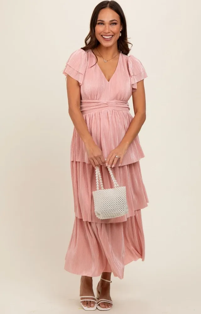 Pink Pleated Tiered Maternity Midi Dress