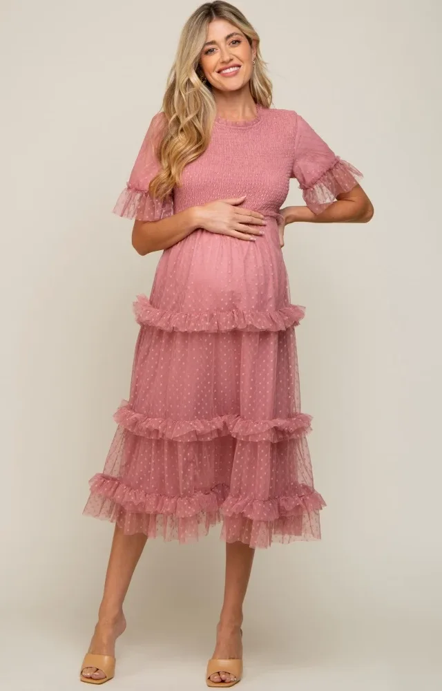 Pink Polka Dot Tulle Smocked Maternity Midi Dress