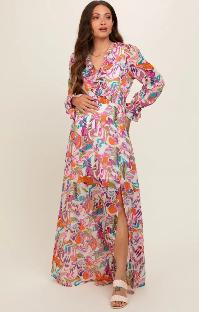 Pink Print Ruffle Long Sleeve Maternity Maxi Dress