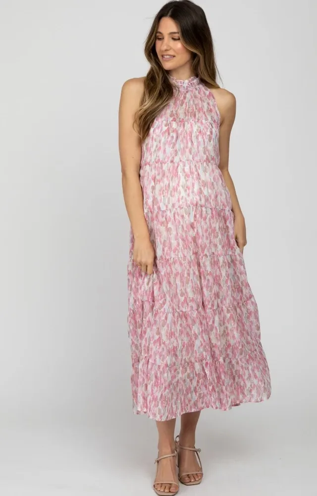 Pink Printed Sleeveless Tiered Maternity Midi Dress