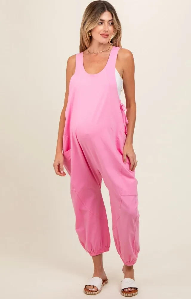 Pink Racerback Drawstring Side Pocket Maternity Jumpsuit