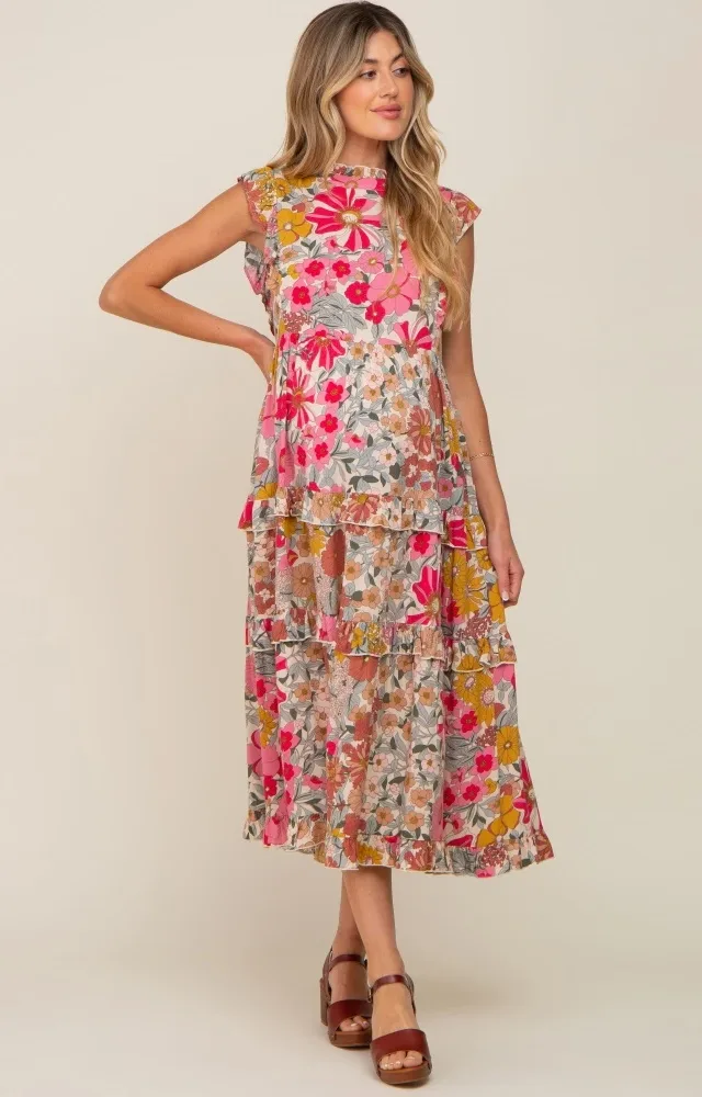 Pink Retro Floral Ruffle Tiered Maternity Midi Dress