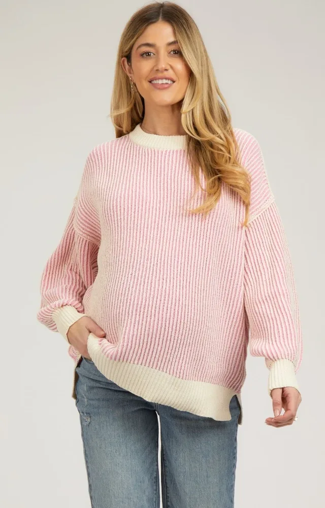 Pink Ribbed Balloon Sleeve Maternity Sweater