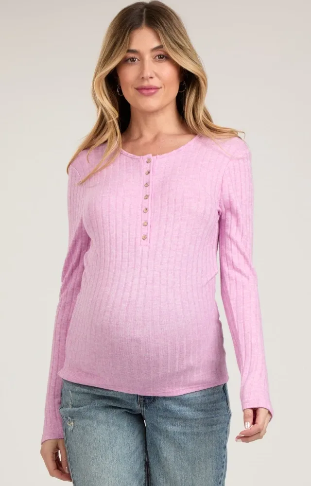 Pink Ribbed Knit Button Long Sleeve Maternity Top