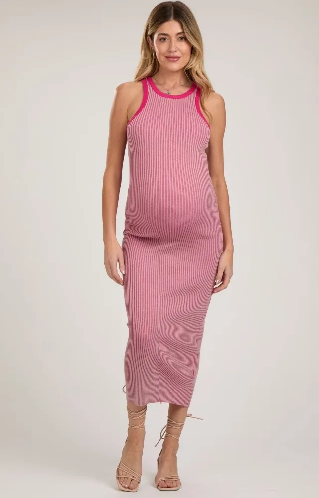 Pink Ribbed Knit Sleeveless Fitted Maternity Midi Dress