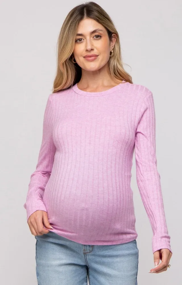 Pink Ribbed Long Sleeve Maternity Top