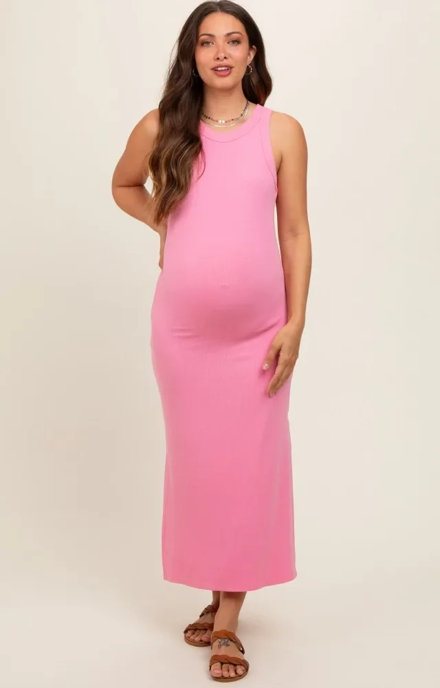 Pink Ribbed Maternity Side Slit Tank Dress