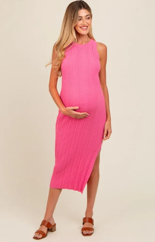 Pink Ribbed Side Slit Sleeveless Maternity Midi Dress