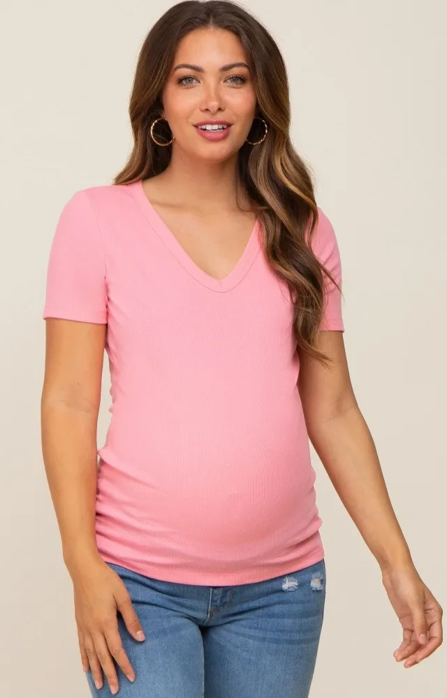 Pink Ribbed V-Neck Maternity Top