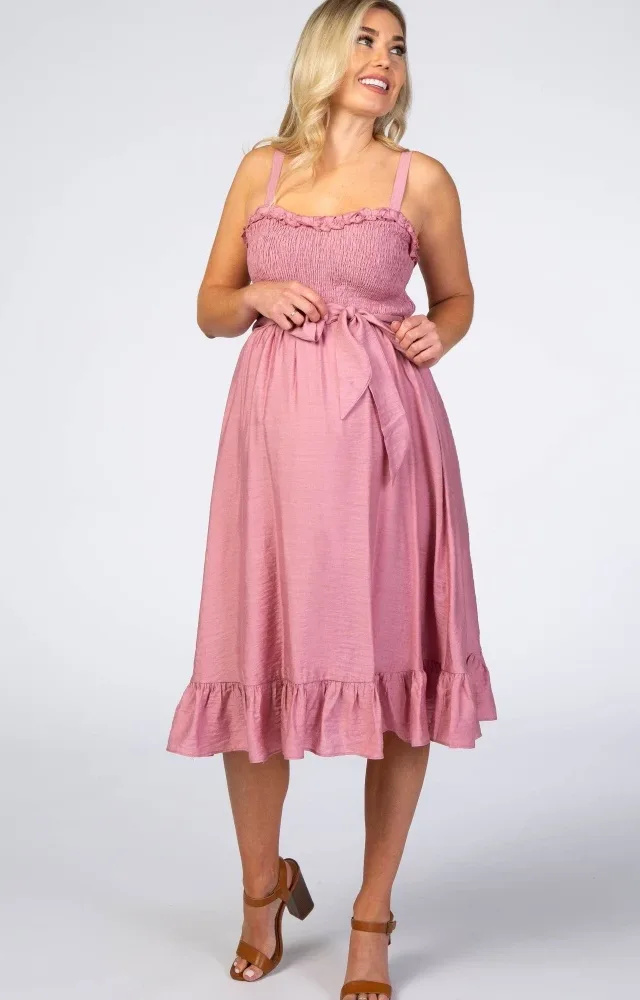 Pink Ruffle Smocked Maternity Dress