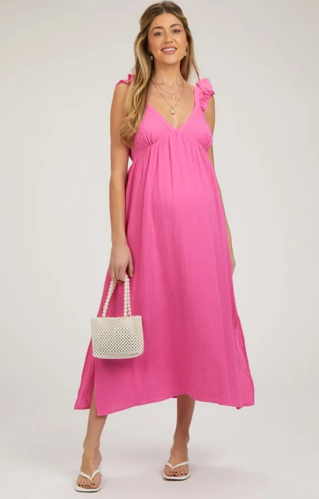 Pink Ruffle Strap Maternity Midi Dress