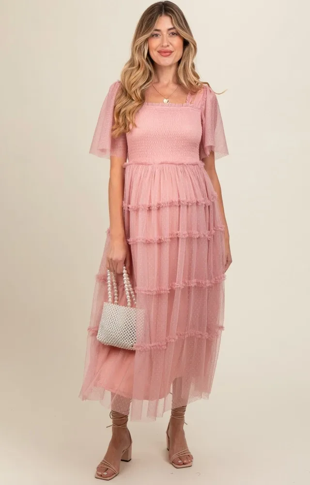 Pink Ruffled Mesh Maternity Maxi Dress