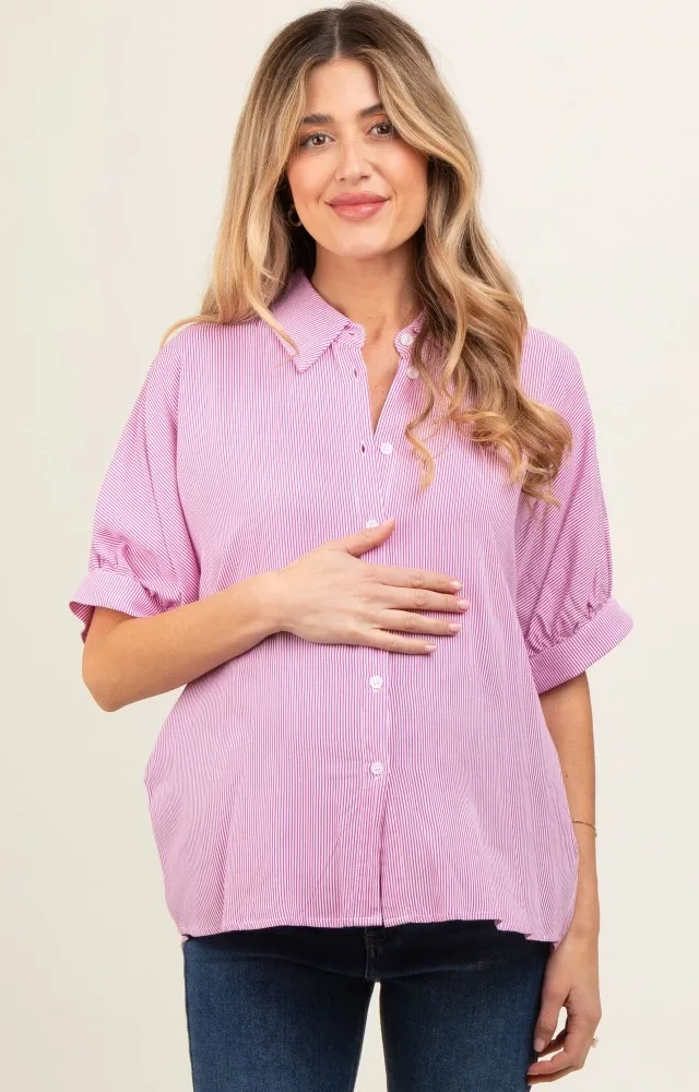 Pink Satin Button Up Maternity Top