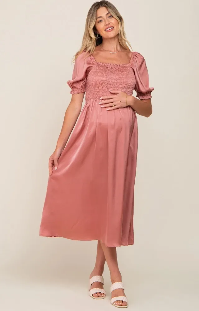 Pink Satin Puff Sleeve Maternity Midi Dress