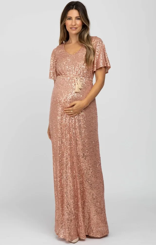 Pink Sequin Short Sleeve Maternity Maxi Dress