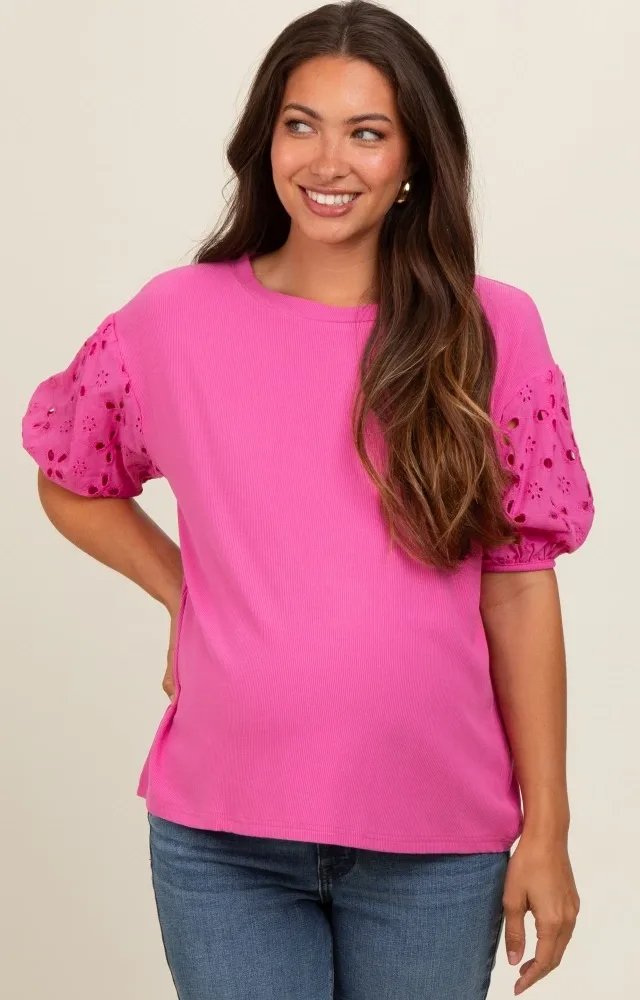 Pink Short Puff Eyelet Lace Floral Sleeve Maternity Top