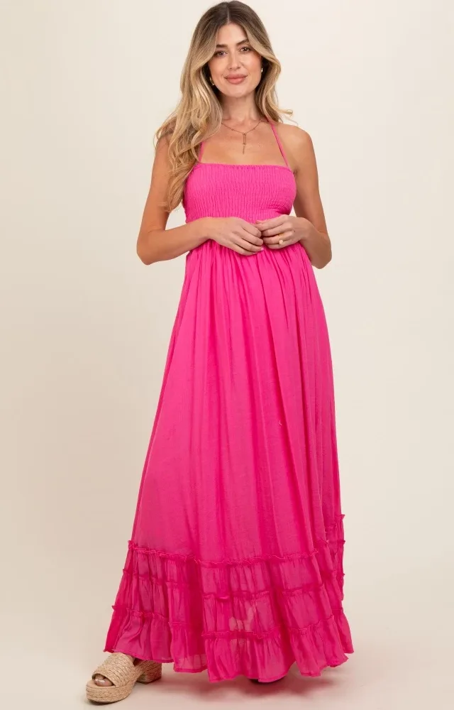 Pink Smocked Halter Cutout Maternity Maxi Dress