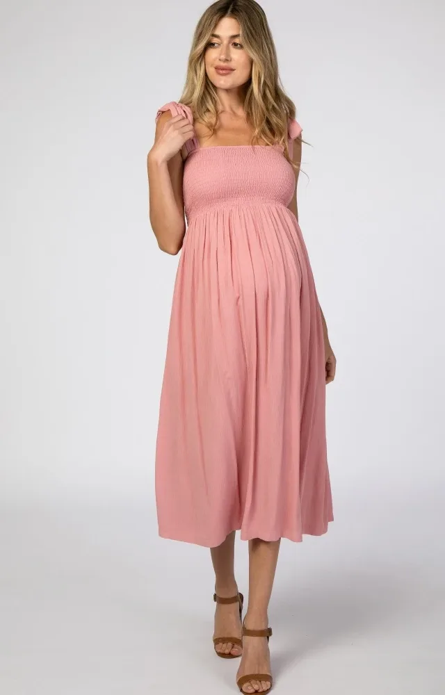 Pink Smocked Tie Strap Maternity Midi Dress