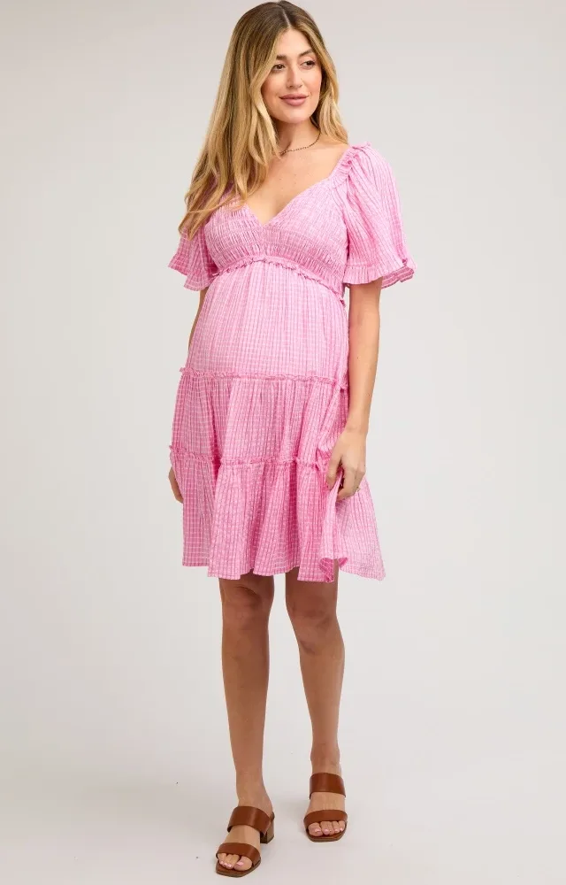 Pink Smocked V-Neck Ruffle Short Sleeve Tiered Maternity Dress