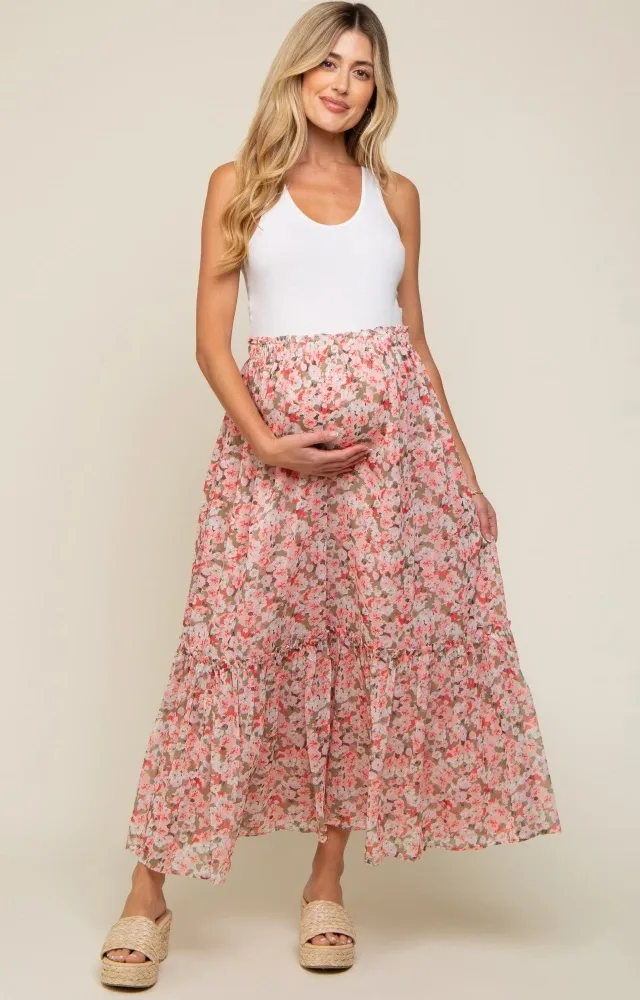 Pink Smocked Waist Tiered Maternity Maxi Skirt