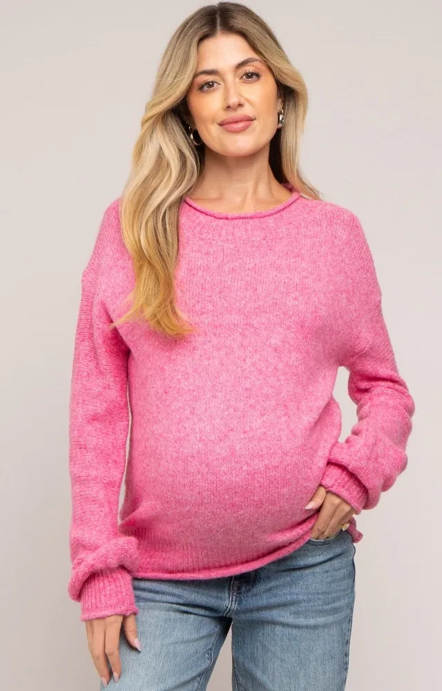 Pink Soft Knit Rolled Hem Maternity Sweater