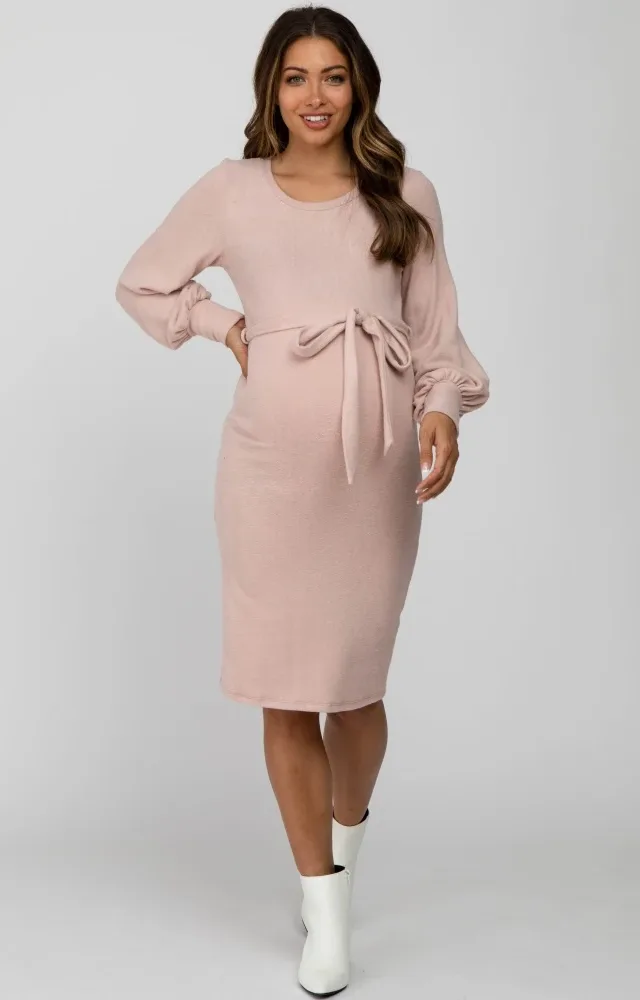 Pink Soft Waist Tie Bubble Sleeve Maternity Dress