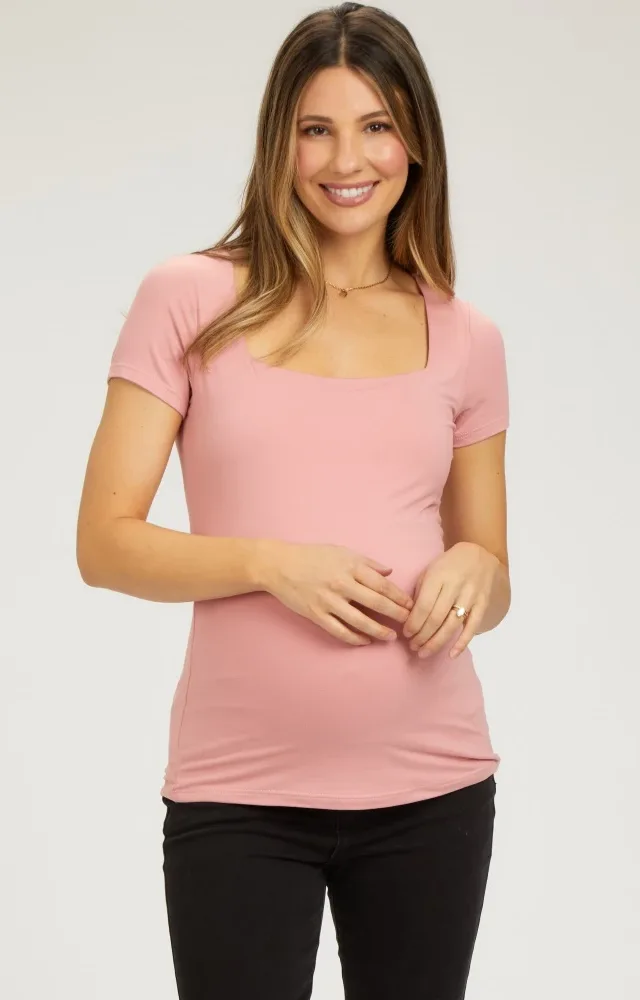 Pink Square Neck Short Sleeve Maternity Top