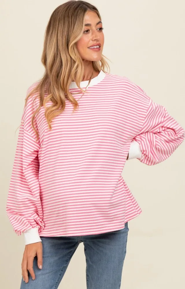 Pink Striped Balloon Sleeve Maternity Pullover