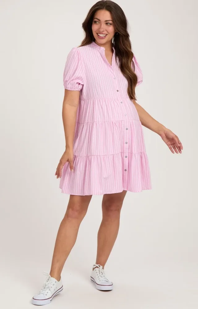 Pink Striped Button Down Tiered Maternity Dress