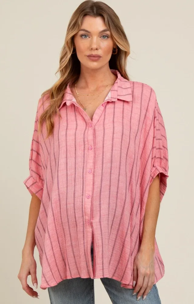 Pink Striped Collared Oversized Maternity Top