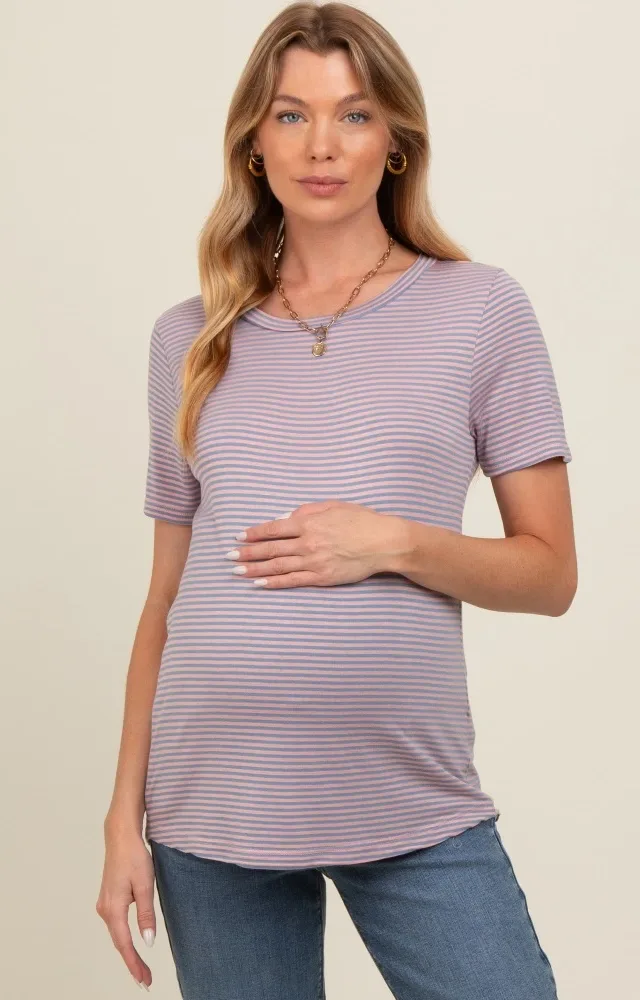 Pink Striped Short Sleeve Maternity Top