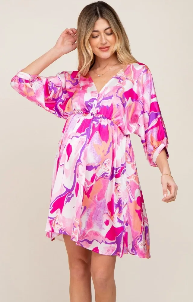 Pink Swirl Print Satin Babydoll Maternity Dress