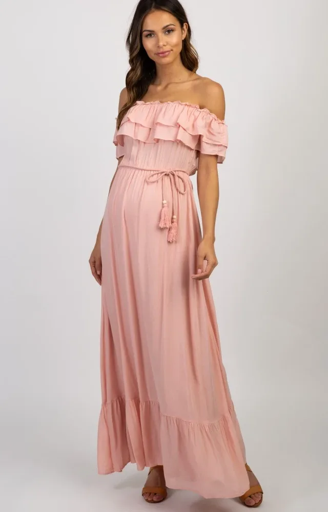 Pink Tassel Tie Maternity Maxi Dress