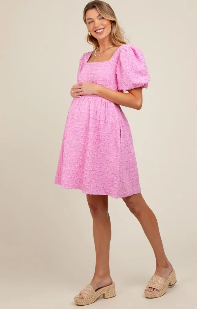 Pink Textured Bubble Sleeve Maternity Mini Dress